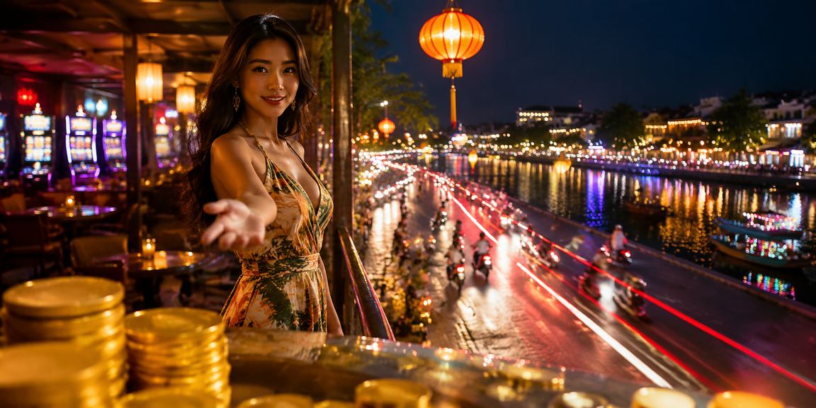 Người dùng xem tỷ lệ kèo trận đấu bóng đá tại quán cà phê phố cổ Hội An lung linh đèn lồng